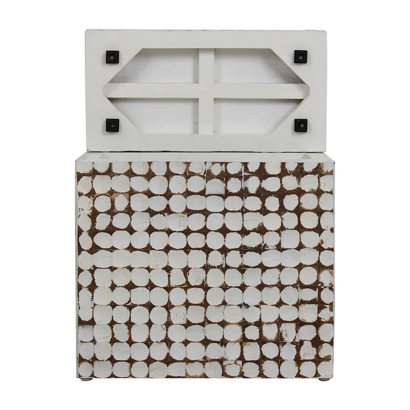 Handgefertigter Beistelltisch mit Mosaik aus Kokosnussschalen, Used-Look-Oberfläche, quadratisch, Weiß