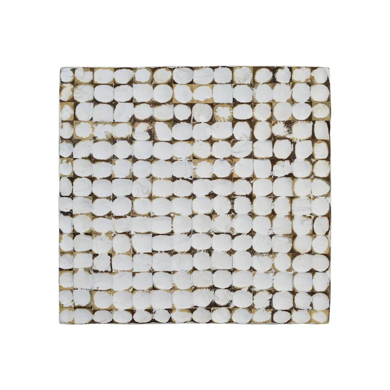 Handgefertigter Beistelltisch mit Mosaik aus Kokosnussschalen, Used-Look-Oberfläche, quadratisch, Weiß
