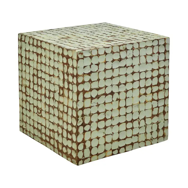 Handgefertigter Beistelltisch mit Mosaik aus Kokosnussschalen, Used-Look-Oberfläche, quadratisch, Weiß