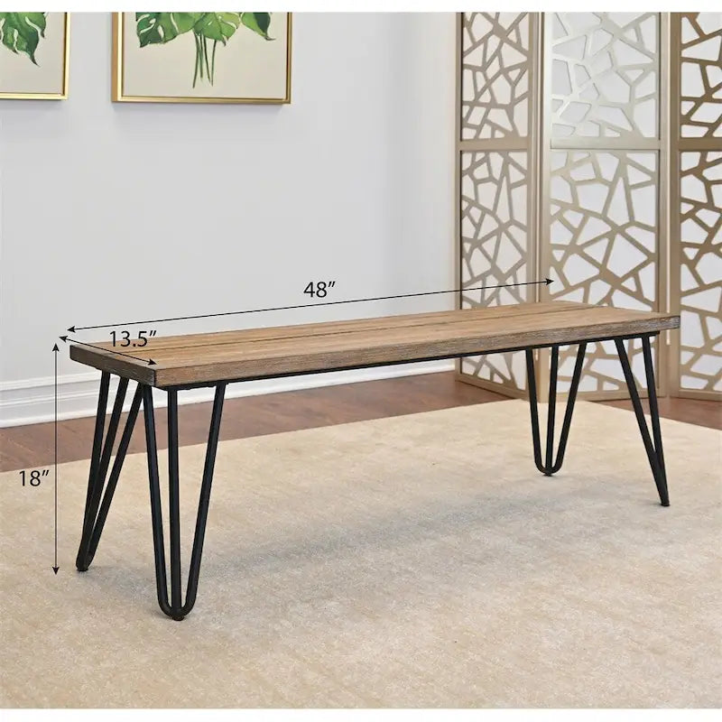 48-Inch Dining Bench MDF Pine Veneer Top Hairpin Metal Legs Rustic Brown