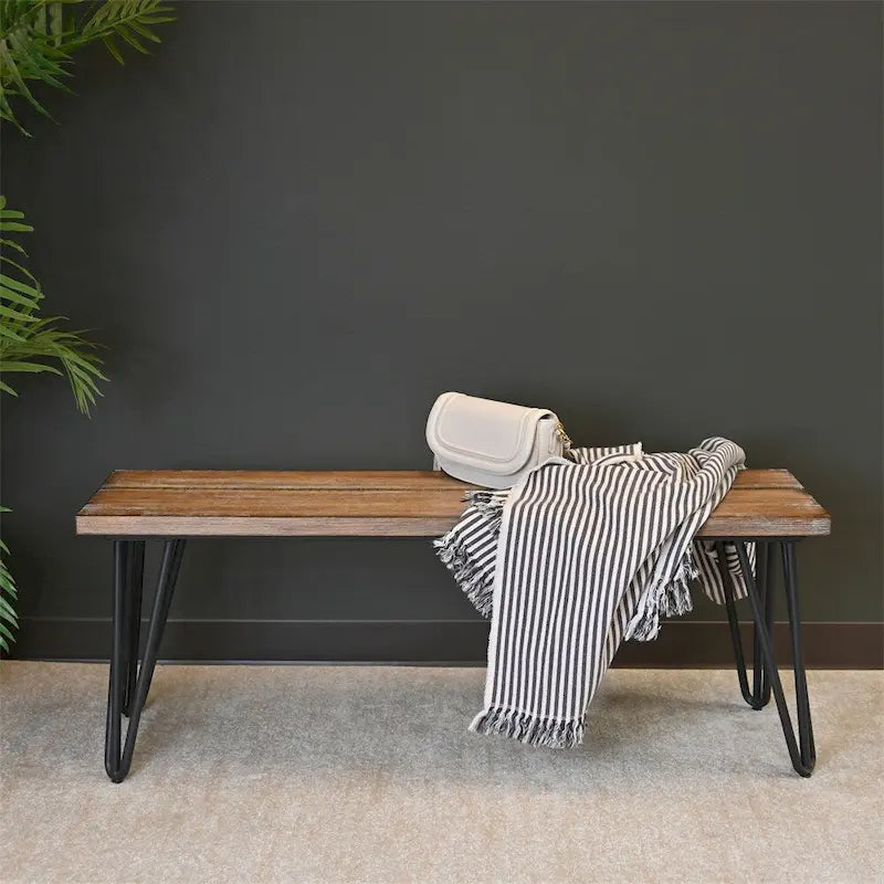 48-Inch Dining Bench MDF Pine Veneer Top Hairpin Metal Legs Rustic Brown
