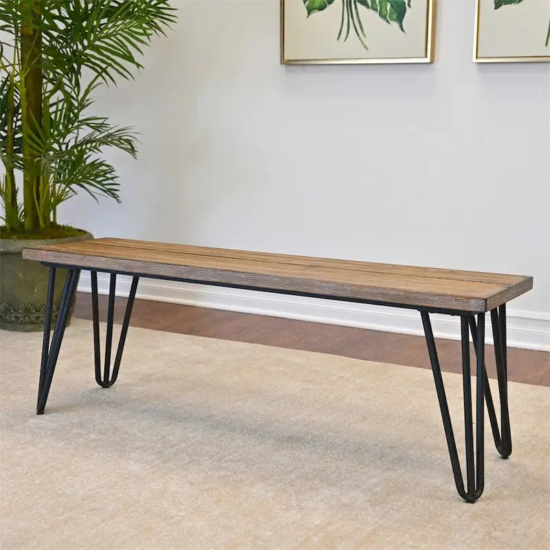 48-Inch Dining Bench MDF Pine Veneer Top Hairpin Metal Legs Rustic Brown