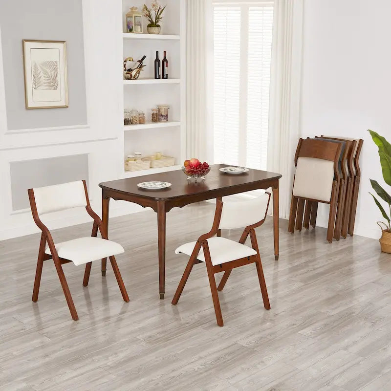 Modern Upholstered Wood Folding Chair Padded Seat Cream White Cherry