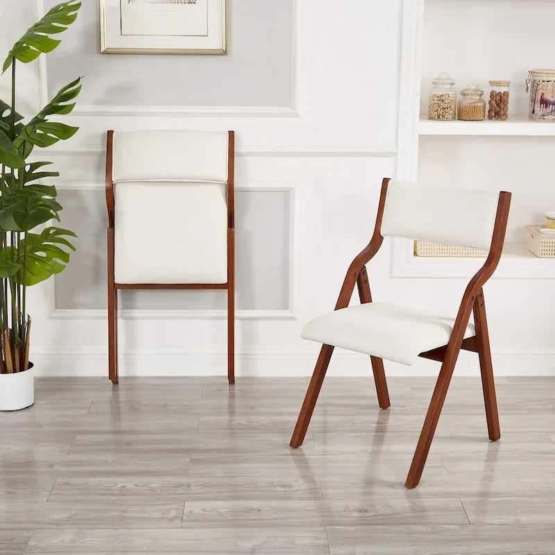 Modern Upholstered Wood Folding Chair Padded Seat Cream White Cherry