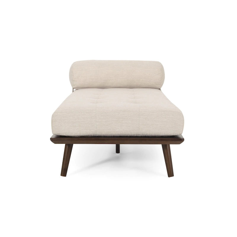 Méridienne mi-siècle, structure en bois d’hévéa capitonnée, coussin traversin, multicolore