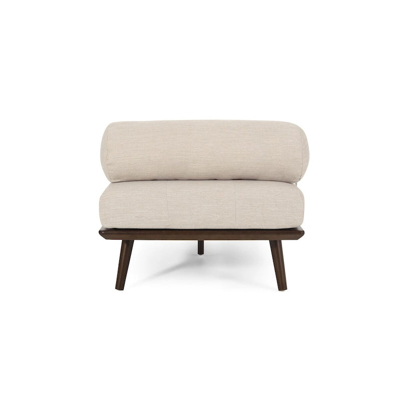 Méridienne mi-siècle, structure en bois d’hévéa capitonnée, coussin traversin, multicolore