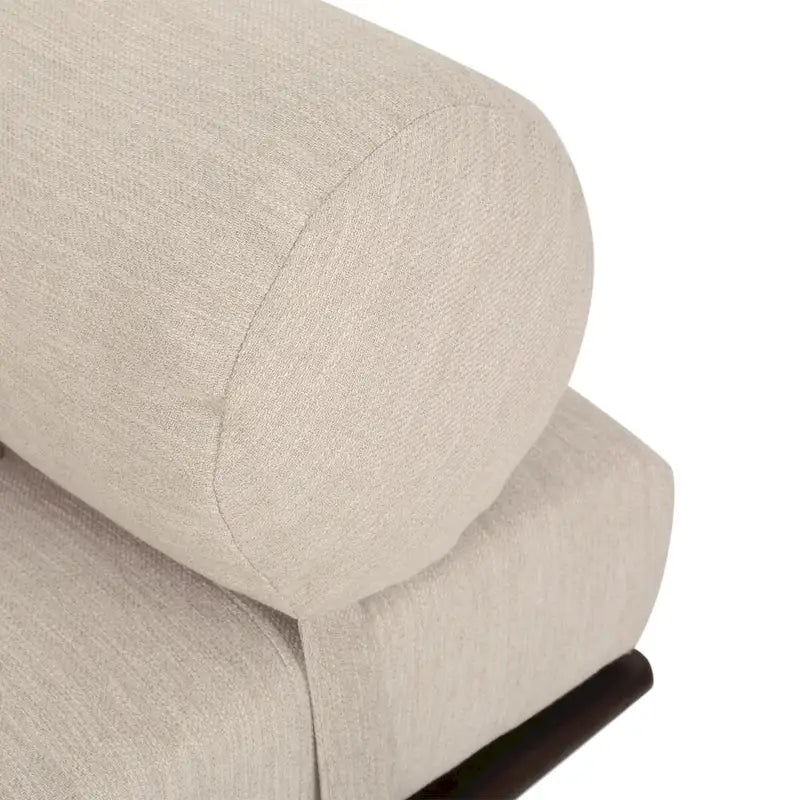 Méridienne mi-siècle, structure en bois d’hévéa capitonnée, coussin traversin, multicolore