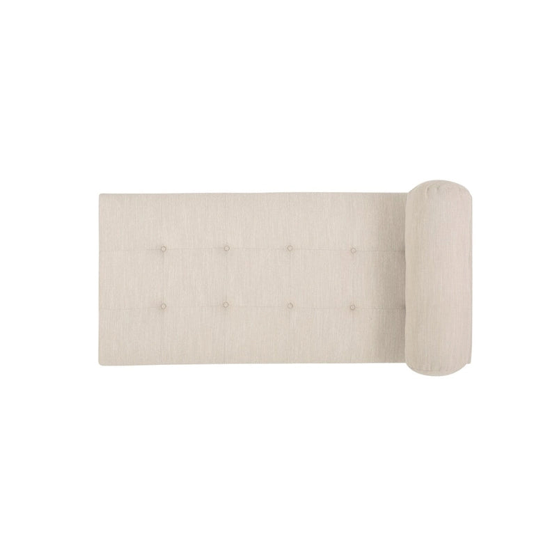 Méridienne mi-siècle, structure en bois d’hévéa capitonnée, coussin traversin, multicolore