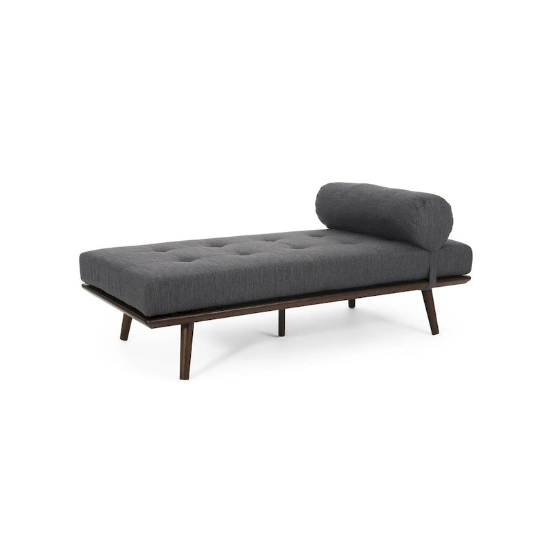 Méridienne mi-siècle, structure en bois d’hévéa capitonnée, coussin traversin, multicolore