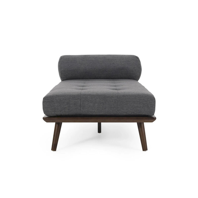 Méridienne mi-siècle, structure en bois d’hévéa capitonnée, coussin traversin, multicolore