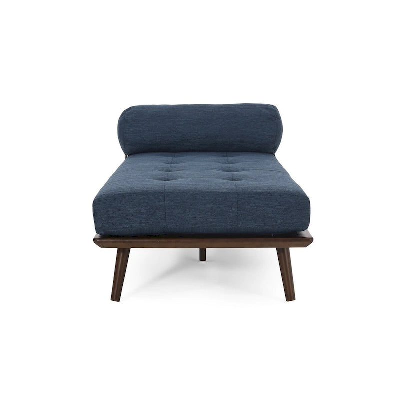 Méridienne mi-siècle, structure en bois d’hévéa capitonnée, coussin traversin, multicolore