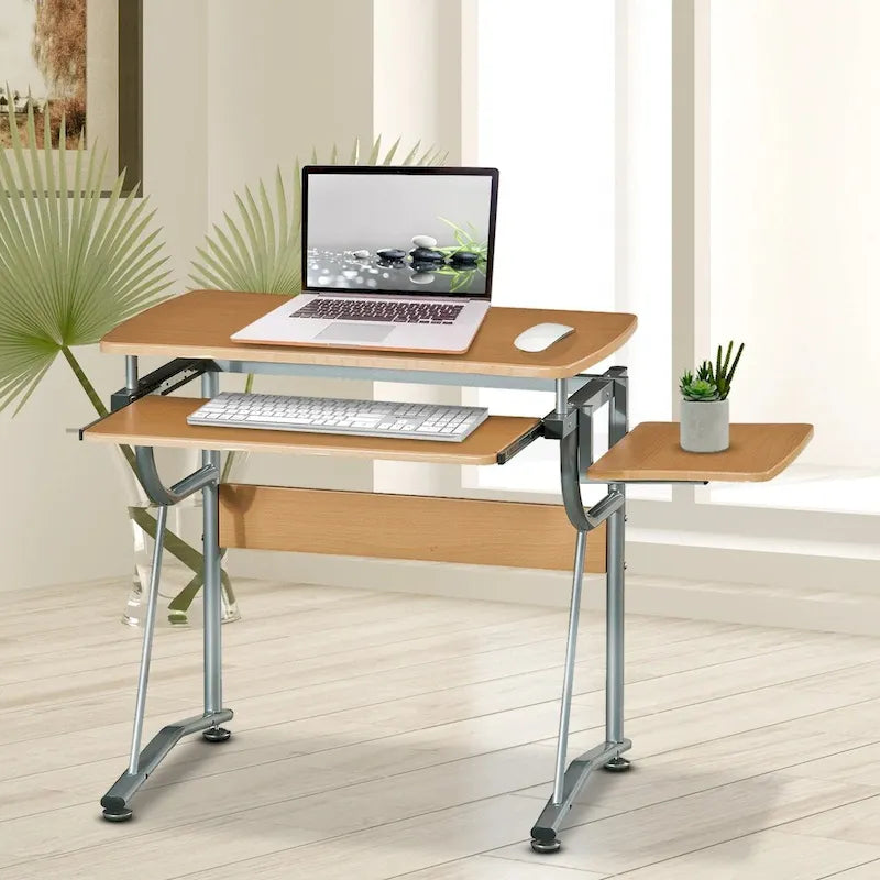 Ergonomic Computer Desk Keyboard Tray CPU Compartment Scratch-Resistant Steel Frame Brown